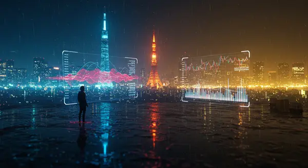 A hyper-digital cyberpunk cityscape at dawn, where glowing stock data streams pulse through holographic networks. Central tower emits a chaotic red ripple (policy shock) spreading through a neon-lit uncertainty network. In the foreground, a figure interacts with a floating Financial Chaos Index visualization, showing daily volatility dissolving into monthly clarity. Style: A mix of Syd Mead’s tech-futurism and Moebius’s fluid networks, with Chris Rochell’s neon glows. Reference: Cyberpunk Tokyo rain puddles reflecting quantum graphs, with half the screen in electric blue night and the other in misty dawn gold. A hyper-digital cyberpunk cityscape at dawn, where glowing stock data streams pulse through holographic networks. Central tower emits a chaotic red ripple (policy shock) spreading through a neon-lit uncertainty network. In the foreground, a figure interacts with a floating Financial Chaos Index visualization, showing daily volatility dissolving into monthly clarity. Style: A mix of Syd Mead’s tech-futurism and Moebius’s fluid networks, with Chris Rochell’s neon glows. Reference: Cyberpunk Tokyo rain puddles reflecting quantum graphs, with half the screen in electric blue night and the other in misty dawn gold.