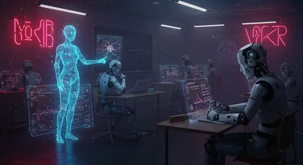 Cyberpunk educational environment with holographic interfaces, glowing AI avatars tutoring cyborg students in a high-tech classroom. Neon lighting highlights glowing teacher AI with malfunctioning neural pathways, juxtaposed with a student robot solving equations with determination. Style inspired by Syd Mead's futuristic architecture and Blade Runner's moody neon aesthetics, with digital data streams flowing through the scene. Human-robot interaction focused, dramatic contrast between failure and breakthrough. Cyberpunk educational environment with holographic interfaces, glowing AI avatars tutoring cyborg students in a high-tech classroom. Neon lighting highlights glowing teacher AI with malfunctioning neural pathways, juxtaposed with a student robot solving equations with determination. Style inspired by Syd Mead's futuristic architecture and Blade Runner's moody neon aesthetics, with digital data streams flowing through the scene. Human-robot interaction focused, dramatic contrast between failure and breakthrough.