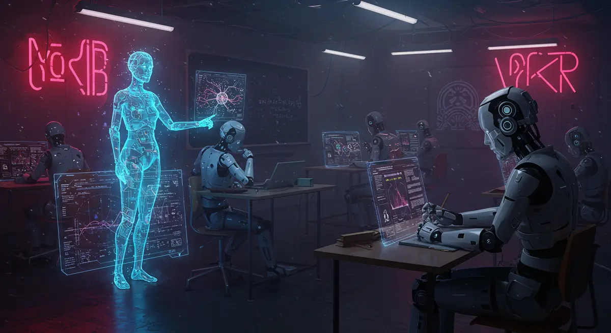 Cyberpunk educational environment with holographic interfaces, glowing AI avatars tutoring cyborg students in a high-tech classroom. Neon lighting highlights glowing teacher AI with malfunctioning neural pathways, juxtaposed with a student robot solving equations with determination. Style inspired by Syd Mead's futuristic architecture and Blade Runner's moody neon aesthetics, with digital data streams flowing through the scene. Human-robot interaction focused, dramatic contrast between failure and breakthrough.