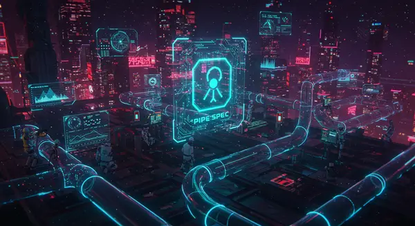 Cyberpunk neon-lit metropolis with glowing neural networks pulsing through transparent data pipelines above a futuristic cityscape. Tiny robot engineers inspecting hyper-efficient neural pathways that merge into soaring skyscraper GPUs. Style: retro-futuristic cyberpunk mixed with Moebius' flowing lines and neon textures from a Tron: Legacy reboot. Add holographic interfaces showing real-time token generation metrics, with a central PipeSpec logo radiating in cyan hologram. By Syd Mead for an organic tech feel, mixed with Cyberpunk 2077's gritty futurism. Cyberpunk neon-lit metropolis with glowing neural networks pulsing through transparent data pipelines above a futuristic cityscape. Tiny robot engineers inspecting hyper-efficient neural pathways that merge into soaring skyscraper GPUs. Style: retro-futuristic cyberpunk mixed with Moebius' flowing lines and neon textures from a Tron: Legacy reboot. Add holographic interfaces showing real-time token generation metrics, with a central PipeSpec logo radiating in cyan hologram. By Syd Mead for an organic tech feel, mixed with Cyberpunk 2077's gritty futurism.