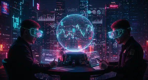 A neon-drenched cyberpunk cityscape at night, with traders in holographic visors analyzing cascading stock graphs and data currents flowing around skyscrapers. A glowing crystal ball pulses with real-time market trends, surrounded by floating equations and glowing attention-mechanism nodes. Style references Syd Mead’s sleek tech-futurism with Blade Runner’s moody lighting, blending Tokyo’s digital billboards with glitching circuit patterns and sci-fi holograms. A neon-drenched cyberpunk cityscape at night, with traders in holographic visors analyzing cascading stock graphs and data currents flowing around skyscrapers. A glowing crystal ball pulses with real-time market trends, surrounded by floating equations and glowing attention-mechanism nodes. Style references Syd Mead’s sleek tech-futurism with Blade Runner’s moody lighting, blending Tokyo’s digital billboards with glitching circuit patterns and sci-fi holograms.