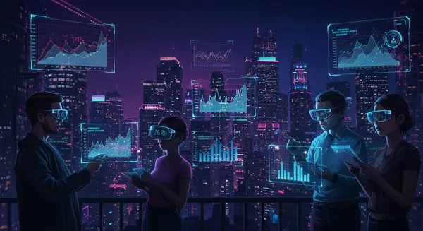 A neon-lit metropolis at night: skyscrapers with holographic graphs showing income trends, overlaid on a glowing neural network schematic pulsing with data streams. In the foreground, a diverse group of individuals wearing augmented-reality smartglasses review floating holograms of their 'financial futures,' while a semi-cybernetic economist with a holographic tablet explains the data to them. Style: Futuristic tech noir with Syd Mead’s sleek lines mixed with Moebius’ dynamic energy, neon accents like in a cyberpunk anime, and a retro-futuristic interface vibe from Tron’s modern take, emphasizing digital and human integration. A neon-lit metropolis at night: skyscrapers with holographic graphs showing income trends, overlaid on a glowing neural network schematic pulsing with data streams. In the foreground, a diverse group of individuals wearing augmented-reality smartglasses review floating holograms of their 'financial futures,' while a semi-cybernetic economist with a holographic tablet explains the data to them. Style: Futuristic tech noir with Syd Mead’s sleek lines mixed with Moebius’ dynamic energy, neon accents like in a cyberpunk anime, and a retro-futuristic interface vibe from Tron’s modern take, emphasizing digital and human integration.