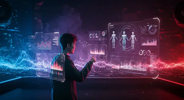 Futuristic digital interface glowing with vibrant neon lights, overlaid with dynamic graphs and data flows transforming into understandable insights. A holographic STROT dashboard shows multiple AI agents collaboratively analyzing data in real-time, flanked by floating interface elements featuring Syd Mead-inspired clean geometry. Style inspired by 'Ghost in the Shell' cyberpunk aesthetics mixed with 'Blade Runner 2049' lighting, with a youthful protagonist character interacting confidently on a sleek transparent screen. The scene radiates hopeful innovation, blending Japanese anime mechanical details with Euro-stylized data visualization elements. Futuristic digital interface glowing with vibrant neon lights, overlaid with dynamic graphs and data flows transforming into understandable insights. A holographic STROT dashboard shows multiple AI agents collaboratively analyzing data in real-time, flanked by floating interface elements featuring Syd Mead-inspired clean geometry. Style inspired by 'Ghost in the Shell' cyberpunk aesthetics mixed with 'Blade Runner 2049' lighting, with a youthful protagonist character interacting confidently on a sleek transparent screen. The scene radiates hopeful innovation, blending Japanese anime mechanical details with Euro-stylized data visualization elements.