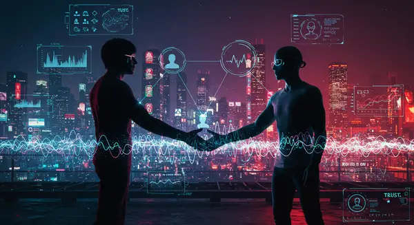 A hyper-futuristic cyberpunk cityscape merging human silhouettes with glowing neural networks, inspired by KAWS’s abstract simplicity and Studio Ghibli’s vibrant organic shapes. Human hands and holographic AI symbols shake hands over a glowing continuum gradient, with Moebius-inspired fluid patterns connecting biometric readouts to skyscrapers. Retro-futuristic interfaces overlay the scene with neon-tinged gradients and Cyberpunk 2077’s sleek dynamism, showing trust metrics evolving in real time between human and AI avatars. Style: Digital painting with vibrant glows and metallic accents, blending cybernetic elegance with organic warmth. A hyper-futuristic cyberpunk cityscape merging human silhouettes with glowing neural networks, inspired by KAWS’s abstract simplicity and Studio Ghibli’s vibrant organic shapes. Human hands and holographic AI symbols shake hands over a glowing continuum gradient, with Moebius-inspired fluid patterns connecting biometric readouts to skyscrapers. Retro-futuristic interfaces overlay the scene with neon-tinged gradients and Cyberpunk 2077’s sleek dynamism, showing trust metrics evolving in real time between human and AI avatars. Style: Digital painting with vibrant glows and metallic accents, blending cybernetic elegance with organic warmth.