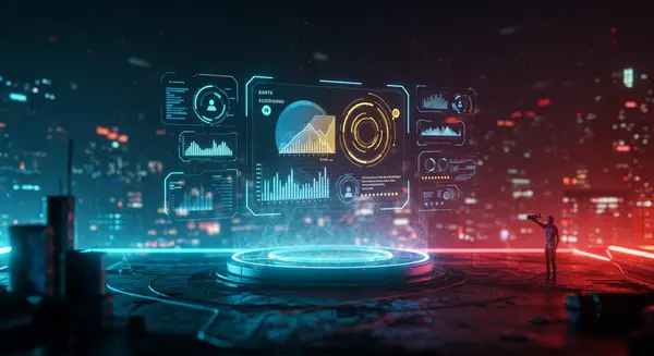 A cyberpunk metropolis at night, glowing with neon holograms and digital data streams, with a sleek AI interface floating above a futuristic city. The interface has a dual-color gradient (blue and gold) representing the two dimensions of analysis, surrounded by floating graphs showing human feedback ratings. The style should mix Syd Mead’s biomechanical details with the dynamic energy of a cyberpunk anime like 'Neon Noire,' with vibrant gradients, holographic elements, and a focus on futuristic interfaces interacting seamlessly with gritty urban environments. A cyberpunk metropolis at night, glowing with neon holograms and digital data streams, with a sleek AI interface floating above a futuristic city. The interface has a dual-color gradient (blue and gold) representing the two dimensions of analysis, surrounded by floating graphs showing human feedback ratings. The style should mix Syd Mead’s biomechanical details with the dynamic energy of a cyberpunk anime like 'Neon Noire,' with vibrant gradients, holographic elements, and a focus on futuristic interfaces interacting seamlessly with gritty urban environments.