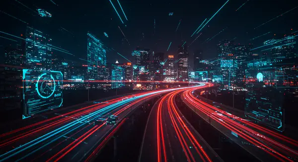A hyper-detailed cyberpunk cityscape at night, glowing with neon traffic flows and flying vehicles interconnected through shimmering data streams. Glitch effects highlight a sentient interface navigating through obstacles in real-time, inspired by Syd Mead’s biomechanical futurism and the kinetic motion in Tron: Legacy. The background features holographic roadways and self-aware networks pulsating with calculated intelligence, rendered in vibrant electric blues and fiery oranges. Ultra-detailed, with a focus on speed, clarity, and the interplay of artificial and organic systems. A hyper-detailed cyberpunk cityscape at night, glowing with neon traffic flows and flying vehicles interconnected through shimmering data streams. Glitch effects highlight a sentient interface navigating through obstacles in real-time, inspired by Syd Mead’s biomechanical futurism and the kinetic motion in Tron: Legacy. The background features holographic roadways and self-aware networks pulsating with calculated intelligence, rendered in vibrant electric blues and fiery oranges. Ultra-detailed, with a focus on speed, clarity, and the interplay of artificial and organic systems.