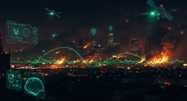 A cyberpunk-laden dystopian cityscape at night with neon-green data streams flowing over a smoky city, glowing satellites above monitoring wildfires below. Include holographic AI interfaces guiding firefighting drones. Style references Syd Mead's sleek tech, Kenji Kamiyama's dynamic action, and neon-lit environments from 'Neon Genesis Evangelion', with ultra-detailed buildings and heatwaves morphing into digital protectors.