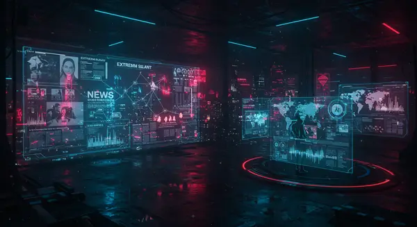 Cyberpunk neon-lit cityscape reflecting in a futuristic holographic screen showing news headlines overlaid with glowing bias analytics (red for 'extreme slant,' blue for 'balanced,' yellow for 'mysterious silence'), AI neural networks as glowing pathways connecting data streams, a sleek AI avatar in a glass-paneled control room interacting with a map of global media influencers, retro-futuristic touchpanels with real-time bias heatmaps. Style inspired by Artgerm’s hyper-detailed tech, Moebius’ fluid motion, and Blade Runner’s neon-noir vibe, with touches of Ready Player One’s glitchy digital overlays. Include translucent digital layers showing ontology maps and sentiment waves. Cyberpunk neon-lit cityscape reflecting in a futuristic holographic screen showing news headlines overlaid with glowing bias analytics (red for 'extreme slant,' blue for 'balanced,' yellow for 'mysterious silence'), AI neural networks as glowing pathways connecting data streams, a sleek AI avatar in a glass-paneled control room interacting with a map of global media influencers, retro-futuristic touchpanels with real-time bias heatmaps. Style inspired by Artgerm’s hyper-detailed tech, Moebius’ fluid motion, and Blade Runner’s neon-noir vibe, with touches of Ready Player One’s glitchy digital overlays. Include translucent digital layers showing ontology maps and sentiment waves.