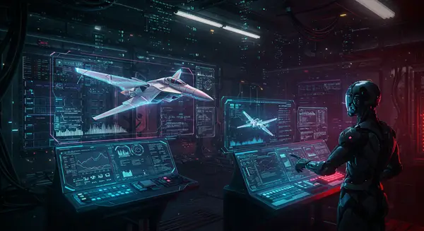 A neon-drenched cyberpunk lab with holographic display interfaces showing 3D simulations of fighter jets locked in a high-speed chase, set against a backdrop of floating code streams. The jet designs blend 1980s cyberpunk aerodynamics with glowing translucent wings, inspired by Jaime Jones' sci-fi artwork. The scene glows with the vibrant, metallic textures of Tyler Edlin's cyberpunk aesthetic, and holographic UI elements reminiscent of David Revoy's open-source Blender designs. Add a futuristic control panel glowing in cyan and magenta, with a human in a sleek biomech exosuit interacting with floating simulation data dashboards, all under a grid of flickering server icons. Style: Cyberpunk with a focus on dynamic, fast-paced tech action, emphasizing digital networks and hyper-realistic aerospace engineering merged with hacker esthetics. A neon-drenched cyberpunk lab with holographic display interfaces showing 3D simulations of fighter jets locked in a high-speed chase, set against a backdrop of floating code streams. The jet designs blend 1980s cyberpunk aerodynamics with glowing translucent wings, inspired by Jaime Jones' sci-fi artwork. The scene glows with the vibrant, metallic textures of Tyler Edlin's cyberpunk aesthetic, and holographic UI elements reminiscent of David Revoy's open-source Blender designs. Add a futuristic control panel glowing in cyan and magenta, with a human in a sleek biomech exosuit interacting with floating simulation data dashboards, all under a grid of flickering server icons. Style: Cyberpunk with a focus on dynamic, fast-paced tech action, emphasizing digital networks and hyper-realistic aerospace engineering merged with hacker esthetics.