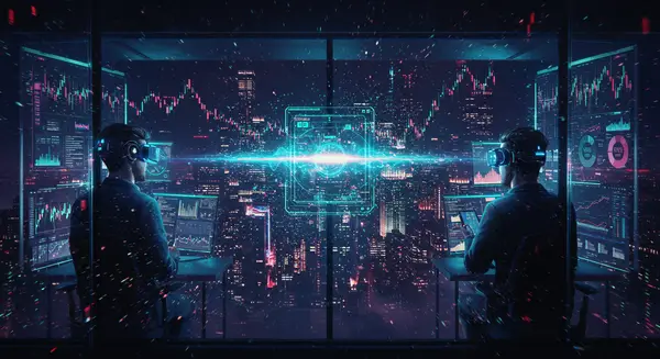 A hyper-stylized cyberpunk metropolis at night, with traders in neon-lit glass towers staring at holographic stock market graphs overlaid onto glowing cities. The background merges the neon aesthetics of Syd Mead’s iconic LA Noire cityscapes with the kinetic data streams of Alphonse Mucha’s Art Nouveau patterns. Digital shock waves ripple outward from a central CPI report notification window, exploding into fractal risk graphs. Traders wear augmented reality visors showing real-time agent utility meters, with contrasting styles: a confident hedge fund bot’s glow is piercing white, while a retail trader’s screen fizzes with static. The air feels charged with data particles, as if the atmosphere itself is processing trading algorithms. Style: Hyper-detailed cyberpunk cybernetics meet mathematical illustration, with a splash of 1920s Deco typography for the data overlays. Think 'Blade Runner’ meets 'Neon Bible' with a dash of predictive algorithmic fluid dynamics. A hyper-stylized cyberpunk metropolis at night, with traders in neon-lit glass towers staring at holographic stock market graphs overlaid onto glowing cities. The background merges the neon aesthetics of Syd Mead’s iconic LA Noire cityscapes with the kinetic data streams of Alphonse Mucha’s Art Nouveau patterns. Digital shock waves ripple outward from a central CPI report notification window, exploding into fractal risk graphs. Traders wear augmented reality visors showing real-time agent utility meters, with contrasting styles: a confident hedge fund bot’s glow is piercing white, while a retail trader’s screen fizzes with static. The air feels charged with data particles, as if the atmosphere itself is processing trading algorithms. Style: Hyper-detailed cyberpunk cybernetics meet mathematical illustration, with a splash of 1920s Deco typography for the data overlays. Think 'Blade Runner’ meets 'Neon Bible' with a dash of predictive algorithmic fluid dynamics.