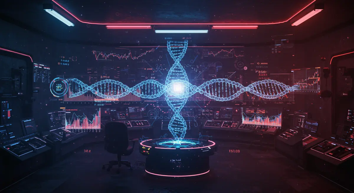 Cyberpunk vision of financial futurism. Neon-drenched control room where holographic stock tickers merge with DNA strand patterns, symbolizing data-driven decisions. Style mix between A.G. Rizzoli’s neon-noir and Mike Mignola’s mechanical gears, with floating Bayesian probability graphs morphing into city landscapes. A glowing neural network core pulses at the center, connected to historic financial charts and holographic ETF symbols. Moody, electrifying atmosphere with a touch of hopeful futurism.