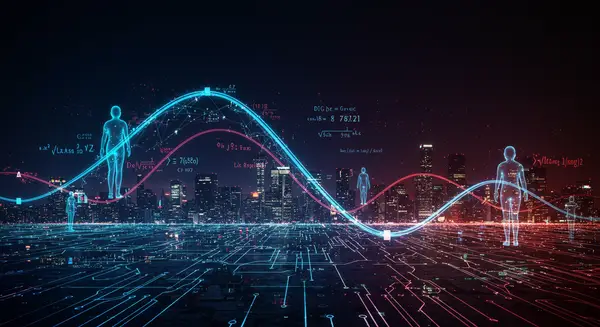 A futuristic cityscape at night with overlapping holographic data streams flowing between skyscrapers, glowing mathematical equations transforming into human figures making decisions, inspired by Syd Mead's cyberpunk architectural style and Moebius's dynamic fluid movement. The scene should depict a neural network with pulsating nodes representing binary choices (1s & 0s converting to human emotions), with an AI vision of a city's 'decision flow' as an intricate circuit board glowing beneath a city grid. Palette of electric blues, deep reds, and neon greens. Dystopian yet hopeful tone with a touch of retro futurism. A futuristic cityscape at night with overlapping holographic data streams flowing between skyscrapers, glowing mathematical equations transforming into human figures making decisions, inspired by Syd Mead's cyberpunk architectural style and Moebius's dynamic fluid movement. The scene should depict a neural network with pulsating nodes representing binary choices (1s & 0s converting to human emotions), with an AI vision of a city's 'decision flow' as an intricate circuit board glowing beneath a city grid. Palette of electric blues, deep reds, and neon greens. Dystopian yet hopeful tone with a touch of retro futurism.