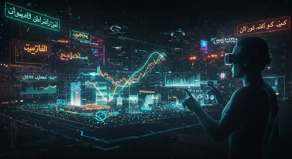 Cyberpunk Tehran 2049: A hyper-stylized digital twin cityscape with holographic bazaars glowing in electric ultramarine and gold, overlaid with a translucent data-grid animation showing GDP trajectories splitting like double helices. Neon signs pulse in Farsi script alongside English tech slogans. In the foreground, a human figure in augmented reality glasses interacts with a floating 3D model comparing 1979 Tehran and 2049 Tehran—a futuristic megalopolis with solar-cube architecture and drone hives—referencing Syd Mead’s cyberpunk futurism fused with the sleek glitch-art style of Beeple and the dynamic energy of Alphonse Mucha’s Art Nouveau. The scene radiates a sense of controlled chaos transformed into order through technology, with particles of light representing economic data streams connecting past and future. Cyberpunk Tehran 2049: A hyper-stylized digital twin cityscape with holographic bazaars glowing in electric ultramarine and gold, overlaid with a translucent data-grid animation showing GDP trajectories splitting like double helices. Neon signs pulse in Farsi script alongside English tech slogans. In the foreground, a human figure in augmented reality glasses interacts with a floating 3D model comparing 1979 Tehran and 2049 Tehran—a futuristic megalopolis with solar-cube architecture and drone hives—referencing Syd Mead’s cyberpunk futurism fused with the sleek glitch-art style of Beeple and the dynamic energy of Alphonse Mucha’s Art Nouveau. The scene radiates a sense of controlled chaos transformed into order through technology, with particles of light representing economic data streams connecting past and future.