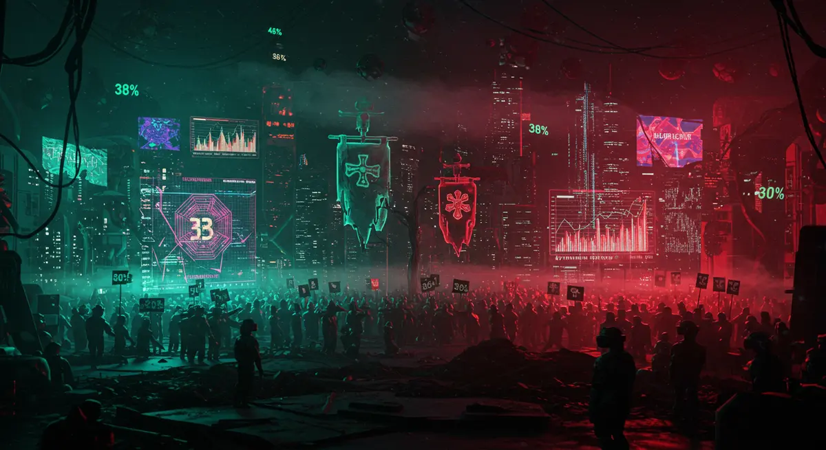 Cyberpunk dystopia by Syd Mead and Moebius, blending Mary Blair's colorful chaos with dystopian decay. Neon-lit ruins of a futuristic city with holographic data streams showing crackling GDP charts. Divergent districts: one area pulses with vibrant blockchain-connected skyscrapers (labeled 'Capital Core'), while another is overgrown with decaying holograms of medieval war banners fused with modern data grids. Ethnically divided crowds in augmented reality visors protest in opposing zones, connected by a glowing neural network bridge labeled 'Synthetic Control'. Atmospheric mist filled with floating 38% and 40% symbols drift ominously above. Style: Hyperdetailed retro-futurism with a glitch art touch, dark neon palette with splashes of neon green and crimson, dynamic lighting emphasizing data streams.