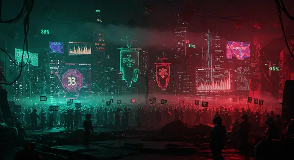 Cyberpunk dystopia by Syd Mead and Moebius, blending Mary Blair's colorful chaos with dystopian decay. Neon-lit ruins of a futuristic city with holographic data streams showing crackling GDP charts. Divergent districts: one area pulses with vibrant blockchain-connected skyscrapers (labeled 'Capital Core'), while another is overgrown with decaying holograms of medieval war banners fused with modern data grids. Ethnically divided crowds in augmented reality visors protest in opposing zones, connected by a glowing neural network bridge labeled 'Synthetic Control'. Atmospheric mist filled with floating 38% and 40% symbols drift ominously above. Style: Hyperdetailed retro-futurism with a glitch art touch, dark neon palette with splashes of neon green and crimson, dynamic lighting emphasizing data streams. Cyberpunk dystopia by Syd Mead and Moebius, blending Mary Blair's colorful chaos with dystopian decay. Neon-lit ruins of a futuristic city with holographic data streams showing crackling GDP charts. Divergent districts: one area pulses with vibrant blockchain-connected skyscrapers (labeled 'Capital Core'), while another is overgrown with decaying holograms of medieval war banners fused with modern data grids. Ethnically divided crowds in augmented reality visors protest in opposing zones, connected by a glowing neural network bridge labeled 'Synthetic Control'. Atmospheric mist filled with floating 38% and 40% symbols drift ominously above. Style: Hyperdetailed retro-futurism with a glitch art touch, dark neon palette with splashes of neon green and crimson, dynamic lighting emphasizing data streams.