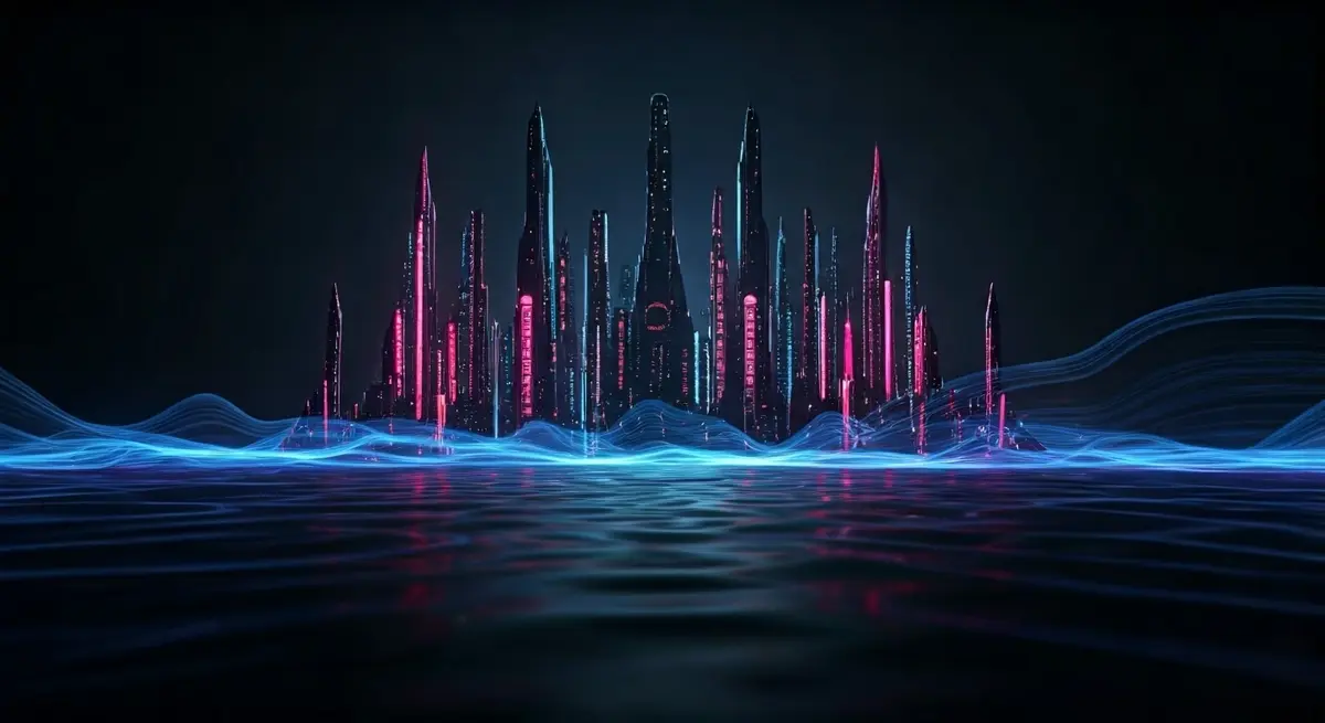 Create an image that captures the essence of a futuristic cityscape with AI-powered innovations and regulatory sandbox environments, reminiscent of Syd Mead's futuristic designs and the cyberpunk aesthetic of Blade Runner, with a color palette inspired by the vibrant hues of Neon Genesis Evangelion. Incorporate subtle nods to the Signal Detection Theory, such as waveform patterns or threshold indicators, to highlight the balance between innovation and caution.