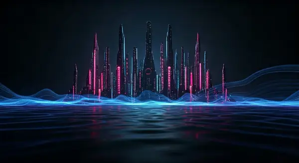 Create an image that captures the essence of a futuristic cityscape with AI-powered innovations and regulatory sandbox environments, reminiscent of Syd Mead's futuristic designs and the cyberpunk aesthetic of Blade Runner, with a color palette inspired by the vibrant hues of Neon Genesis Evangelion. Incorporate subtle nods to the Signal Detection Theory, such as waveform patterns or threshold indicators, to highlight the balance between innovation and caution. Create an image that captures the essence of a futuristic cityscape with AI-powered innovations and regulatory sandbox environments, reminiscent of Syd Mead's futuristic designs and the cyberpunk aesthetic of Blade Runner, with a color palette inspired by the vibrant hues of Neon Genesis Evangelion. Incorporate subtle nods to the Signal Detection Theory, such as waveform patterns or threshold indicators, to highlight the balance between innovation and caution.