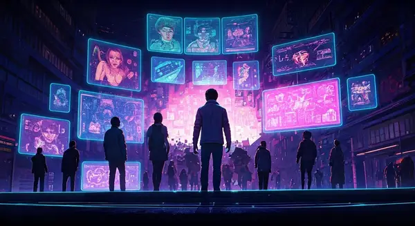 Create a vibrant, futuristic illustration that captures the essence of a diverse group of people from different cultures and genders, surrounded by glowing, ethereal screens and holographic advertisements, with a cityscape that blends Eastern and Western architectural styles in the background. The style should be reminiscent of the works of Syd Mead and Ash Thorp, with a dash of Jean Giraud's (Moebius) fluidity and imagination. The color palette should be bold and neon, with accents of deep blues and purples to convey a sense of technology and futurism. Create a vibrant, futuristic illustration that captures the essence of a diverse group of people from different cultures and genders, surrounded by glowing, ethereal screens and holographic advertisements, with a cityscape that blends Eastern and Western architectural styles in the background. The style should be reminiscent of the works of Syd Mead and Ash Thorp, with a dash of Jean Giraud's (Moebius) fluidity and imagination. The color palette should be bold and neon, with accents of deep blues and purples to convey a sense of technology and futurism.