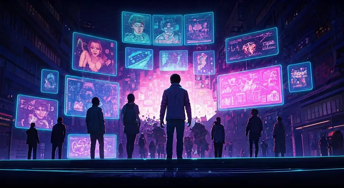 Create a vibrant, futuristic illustration that captures the essence of a diverse group of people from different cultures and genders, surrounded by glowing, ethereal screens and holographic advertisements, with a cityscape that blends Eastern and Western architectural styles in the background. The style should be reminiscent of the works of Syd Mead and Ash Thorp, with a dash of Jean Giraud's (Moebius) fluidity and imagination. The color palette should be bold and neon, with accents of deep blues and purples to convey a sense of technology and futurism. Create a vibrant, futuristic illustration that captures the essence of a diverse group of people from different cultures and genders, surrounded by glowing, ethereal screens and holographic advertisements, with a cityscape that blends Eastern and Western architectural styles in the background. The style should be reminiscent of the works of Syd Mead and Ash Thorp, with a dash of Jean Giraud's (Moebius) fluidity and imagination. The color palette should be bold and neon, with accents of deep blues and purples to convey a sense of technology and futurism.