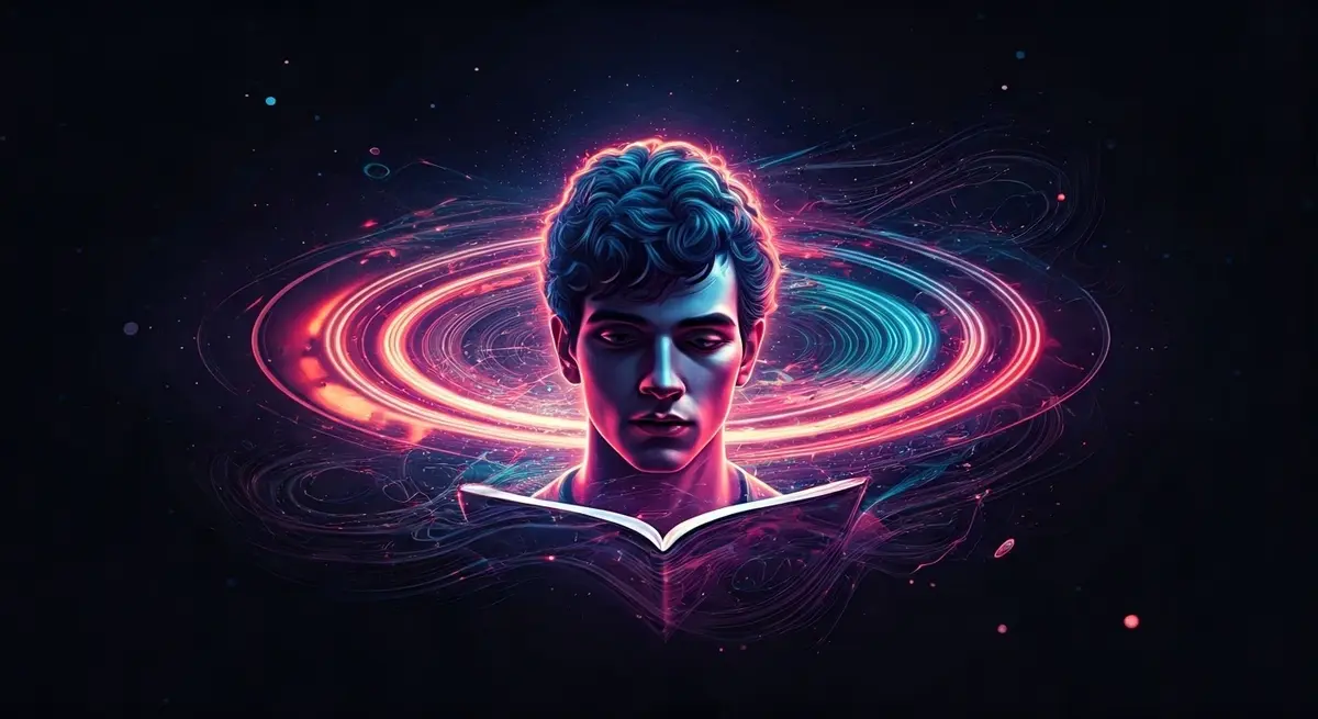 Generate an image in the style of Syd Mead and Jean Giraud (aka Moebius), blending futuristic, neon-lit cityscapes with elements of serene, natural environments, symbolizing the fusion of technology and personalized learning. The scene should feature a young adult surrounded by swirling, morphing visuals and enveloping sound waves, embodying the immersive, AI-generated study environment. Incorporate a mix of realism and abstract art, with vibrant colors and dynamic compositions. Generate an image in the style of Syd Mead and Jean Giraud (aka Moebius), blending futuristic, neon-lit cityscapes with elements of serene, natural environments, symbolizing the fusion of technology and personalized learning. The scene should feature a young adult surrounded by swirling, morphing visuals and enveloping sound waves, embodying the immersive, AI-generated study environment. Incorporate a mix of realism and abstract art, with vibrant colors and dynamic compositions.