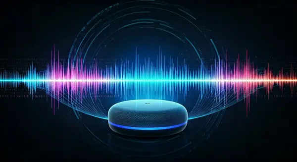Generate an image that represents the intersection of human conversation and artificial intelligence, in the style of Syd Mead and H.R. Giger, with a futuristic, neon-lit cityscape in the background and a close-up of a voice assistant device in the foreground, surrounded by swirling audio waveforms and binary code, symbolizing the BLAB benchmark and the future of voice technology. Generate an image that represents the intersection of human conversation and artificial intelligence, in the style of Syd Mead and H.R. Giger, with a futuristic, neon-lit cityscape in the background and a close-up of a voice assistant device in the foreground, surrounded by swirling audio waveforms and binary code, symbolizing the BLAB benchmark and the future of voice technology.
