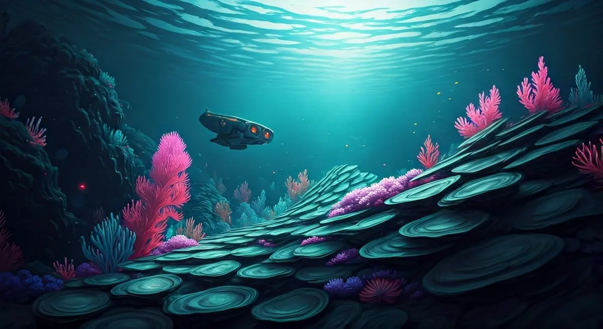 Generate an image of a futuristic underwater scene, with a swarm of drones monitoring an oyster reef, in the style of Syd Mead and Simon Stalenhag, with a mix of neon lights and dark, muted colors, incorporating elements of cyberpunk and marine biology. Generate an image of a futuristic underwater scene, with a swarm of drones monitoring an oyster reef, in the style of Syd Mead and Simon Stalenhag, with a mix of neon lights and dark, muted colors, incorporating elements of cyberpunk and marine biology.