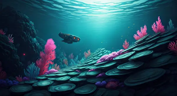 Generate an image of a futuristic underwater scene, with a swarm of drones monitoring an oyster reef, in the style of Syd Mead and Simon Stalenhag, with a mix of neon lights and dark, muted colors, incorporating elements of cyberpunk and marine biology. Generate an image of a futuristic underwater scene, with a swarm of drones monitoring an oyster reef, in the style of Syd Mead and Simon Stalenhag, with a mix of neon lights and dark, muted colors, incorporating elements of cyberpunk and marine biology.
