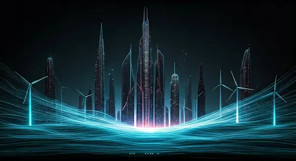 Generate an image of a futuristic cityscape with sleek, neon-lit skyscrapers, surrounded by wind turbines and solar panels, with a subtle glow of AI-powered energy emanating from the city's core, in the style of Syd Mead and Blade Runner, with a hint of optimism and futurism, as seen in the works of Simon Stalenhag and Ash Thorp. Generate an image of a futuristic cityscape with sleek, neon-lit skyscrapers, surrounded by wind turbines and solar panels, with a subtle glow of AI-powered energy emanating from the city's core, in the style of Syd Mead and Blade Runner, with a hint of optimism and futurism, as seen in the works of Simon Stalenhag and Ash Thorp.
