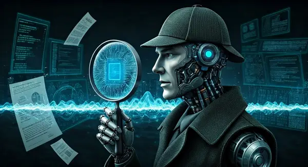 Generate an image that combines elements of detective work and futuristic AI, with a cityscape in the background. Incorporate a robotic Sherlock Holmes figure examining a magnifying glass with a glowing blue circuit board pattern, surrounded by floating documents and screens displaying code and news headlines. The style should blend the cyberpunk aesthetic of Syd Mead with the intricate detail of H.R. Giger, and the vibrant color palette of Ash Thorp. Generate an image that combines elements of detective work and futuristic AI, with a cityscape in the background. Incorporate a robotic Sherlock Holmes figure examining a magnifying glass with a glowing blue circuit board pattern, surrounded by floating documents and screens displaying code and news headlines. The style should blend the cyberpunk aesthetic of Syd Mead with the intricate detail of H.R. Giger, and the vibrant color palette of Ash Thorp.