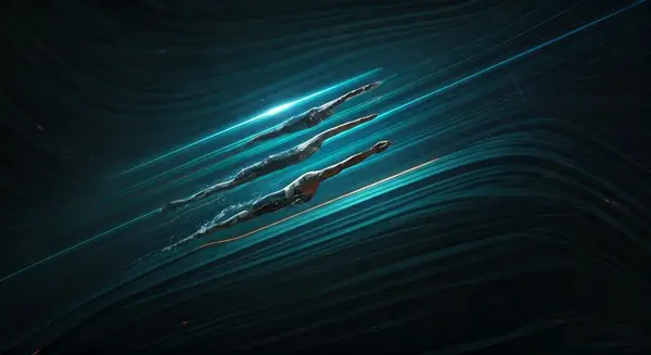 Generate an image in the style of Syd Mead and H.R. Giger, depicting a futuristic underwater triathlon scene with athletes swimming in a sleek, synchronized formation, surrounded by glowing neon lights and advanced technology. Incorporate elements of biomechanics and cybernetic enhancements, with a focus on dynamic movement and fluid motion. The color palette should be a mix of deep blues and neon greens, with accents of silver and chrome. Generate an image in the style of Syd Mead and H.R. Giger, depicting a futuristic underwater triathlon scene with athletes swimming in a sleek, synchronized formation, surrounded by glowing neon lights and advanced technology. Incorporate elements of biomechanics and cybernetic enhancements, with a focus on dynamic movement and fluid motion. The color palette should be a mix of deep blues and neon greens, with accents of silver and chrome.