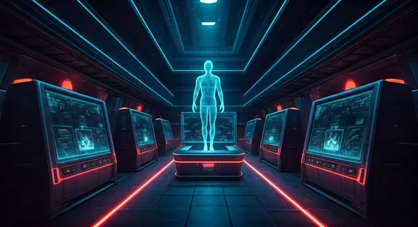 Generate an image in the style of Syd Mead and H.R. Giger, depicting a futuristic auction house with sleek, neon-lit bidding pods and AI-powered agents represented as ghostly, holographic entities, surrounded by a whirlwind of data streams and digital screens. Incorporate elements of cyberpunk and sci-fi, with a sense of high-stakes competition and cutting-edge technology.