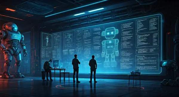 Generate an image of a futuristic robotics lab where a diverse team of engineers and developers are collaborating around a large screen displaying robot code being generated by an AI system. Incorporate elements reminiscent of Syd Mead's futuristic visions and the cyberpunk aesthetic of Blade Runner, with a palette that includes neon blues and oranges. The scene should be dynamic, with robots and futuristic machinery in the background, subtly hinting at the advancements being made. Style it as a mix between a concept art piece and a documentary photograph, emphasizing the blend of human creativity and AI-driven innovation. Generate an image of a futuristic robotics lab where a diverse team of engineers and developers are collaborating around a large screen displaying robot code being generated by an AI system. Incorporate elements reminiscent of Syd Mead's futuristic visions and the cyberpunk aesthetic of Blade Runner, with a palette that includes neon blues and oranges. The scene should be dynamic, with robots and futuristic machinery in the background, subtly hinting at the advancements being made. Style it as a mix between a concept art piece and a documentary photograph, emphasizing the blend of human creativity and AI-driven innovation.