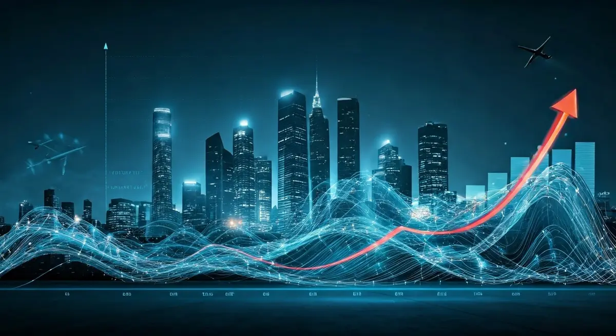 Create an image that captures the essence of a futuristic, high-tech business landscape, with sleek skyscrapers and neon-lit streets. Incorporate elements of exporting, such as cargo ships and airplanes, into the background. In the foreground, depict a graph showing an upward trend, symbolizing the relationship between export intensity and productivity. Use a vibrant color palette and a mix of digital and abstract elements, reminiscent of the styles of Syd Mead, H.R. Giger, and Ash Thorp. Add a sense of dynamism and energy to the image, conveying the idea of growth, innovation, and limitless possibilities. Create an image that captures the essence of a futuristic, high-tech business landscape, with sleek skyscrapers and neon-lit streets. Incorporate elements of exporting, such as cargo ships and airplanes, into the background. In the foreground, depict a graph showing an upward trend, symbolizing the relationship between export intensity and productivity. Use a vibrant color palette and a mix of digital and abstract elements, reminiscent of the styles of Syd Mead, H.R. Giger, and Ash Thorp. Add a sense of dynamism and energy to the image, conveying the idea of growth, innovation, and limitless possibilities.