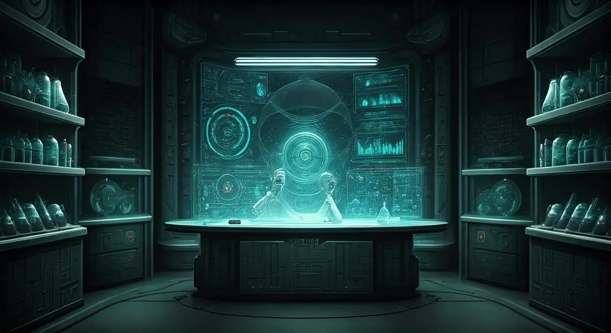 Generate an image in the style of Syd Mead and H.R. Giger, depicting a futuristic laboratory where a large language model AI is analyzing scientific data on a holographic display, surrounded by shelves of glowing orbs containing various scientific equipment and samples, with a subtle background texture resembling a mixture of circuit boards and molecular structures. Generate an image in the style of Syd Mead and H.R. Giger, depicting a futuristic laboratory where a large language model AI is analyzing scientific data on a holographic display, surrounded by shelves of glowing orbs containing various scientific equipment and samples, with a subtle background texture resembling a mixture of circuit boards and molecular structures.