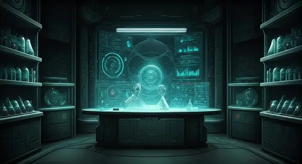 Generate an image in the style of Syd Mead and H.R. Giger, depicting a futuristic laboratory where a large language model AI is analyzing scientific data on a holographic display, surrounded by shelves of glowing orbs containing various scientific equipment and samples, with a subtle background texture resembling a mixture of circuit boards and molecular structures. Generate an image in the style of Syd Mead and H.R. Giger, depicting a futuristic laboratory where a large language model AI is analyzing scientific data on a holographic display, surrounded by shelves of glowing orbs containing various scientific equipment and samples, with a subtle background texture resembling a mixture of circuit boards and molecular structures.