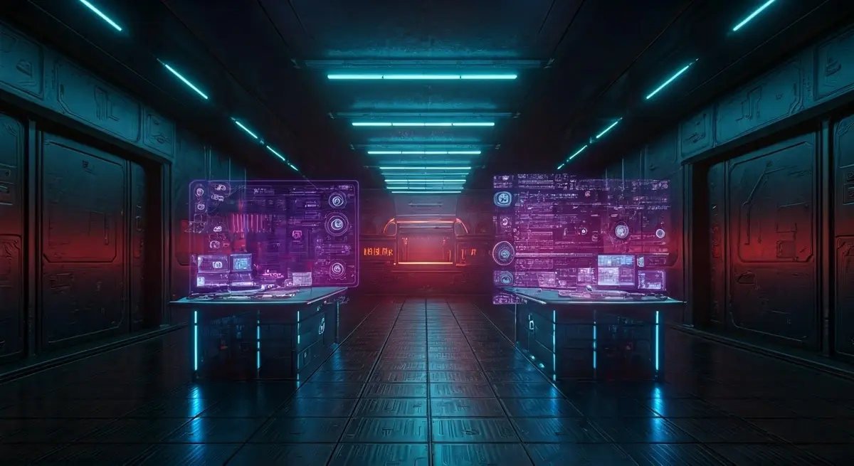 Generate an image that captures the essence of a futuristic, high-tech laboratory where AI and humans collaborate to revolutionize mental health care. Incorporate elements of neon-lit circuitry, holographic displays, and sleek, minimalist design. Style it in the vein of Syd Mead's concept art for Blade Runner, with a dash of the futuristic optimism found in the works of Ash Thorp and Simon Stalenhag. Generate an image that captures the essence of a futuristic, high-tech laboratory where AI and humans collaborate to revolutionize mental health care. Incorporate elements of neon-lit circuitry, holographic displays, and sleek, minimalist design. Style it in the vein of Syd Mead's concept art for Blade Runner, with a dash of the futuristic optimism found in the works of Ash Thorp and Simon Stalenhag.