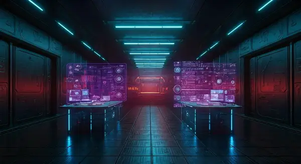 Generate an image that captures the essence of a futuristic, high-tech laboratory where AI and humans collaborate to revolutionize mental health care. Incorporate elements of neon-lit circuitry, holographic displays, and sleek, minimalist design. Style it in the vein of Syd Mead's concept art for Blade Runner, with a dash of the futuristic optimism found in the works of Ash Thorp and Simon Stalenhag. Generate an image that captures the essence of a futuristic, high-tech laboratory where AI and humans collaborate to revolutionize mental health care. Incorporate elements of neon-lit circuitry, holographic displays, and sleek, minimalist design. Style it in the vein of Syd Mead's concept art for Blade Runner, with a dash of the futuristic optimism found in the works of Ash Thorp and Simon Stalenhag.