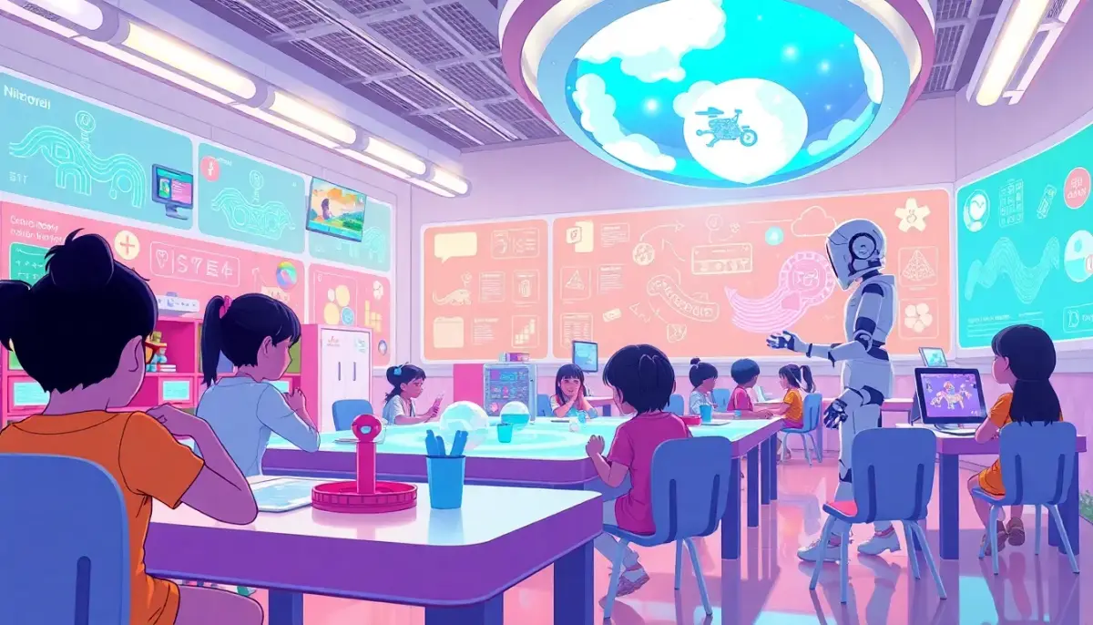 Generate an image in the style of Syd Mead and Jean Giraud, depicting a futuristic kindergarten classroom where AI-powered robots and humans collaborate to facilitate playful learning. Incorporate vibrant colors, sleek lines, and a blend of analog and digital elements, with children engaged in various play activities amidst a sea of holographic projections and interactive screens. Reference the works of Hayao Miyazaki and Makoto Shinkai for inspiration on capturing the whimsical and imaginative atmosphere of the scene. Generate an image in the style of Syd Mead and Jean Giraud, depicting a futuristic kindergarten classroom where AI-powered robots and humans collaborate to facilitate playful learning. Incorporate vibrant colors, sleek lines, and a blend of analog and digital elements, with children engaged in various play activities amidst a sea of holographic projections and interactive screens. Reference the works of Hayao Miyazaki and Makoto Shinkai for inspiration on capturing the whimsical and imaginative atmosphere of the scene.