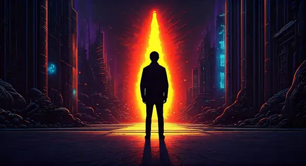Create an image that captures the essence of a person standing at a crossroads, with a conflict zone in the background and a uncertain future ahead, in the style of Syd Mead and H.R. Giger, with neon lights and a mix of futuristic and dystopian elements, incorporating the vibrant colors and dynamic composition of a Jean Giraud (aka Moebius) illustration Create an image that captures the essence of a person standing at a crossroads, with a conflict zone in the background and a uncertain future ahead, in the style of Syd Mead and H.R. Giger, with neon lights and a mix of futuristic and dystopian elements, incorporating the vibrant colors and dynamic composition of a Jean Giraud (aka Moebius) illustration