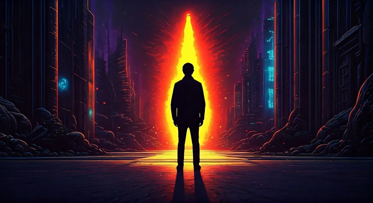 Create an image that captures the essence of a person standing at a crossroads, with a conflict zone in the background and a uncertain future ahead, in the style of Syd Mead and H.R. Giger, with neon lights and a mix of futuristic and dystopian elements, incorporating the vibrant colors and dynamic composition of a Jean Giraud (aka Moebius) illustration Create an image that captures the essence of a person standing at a crossroads, with a conflict zone in the background and a uncertain future ahead, in the style of Syd Mead and H.R. Giger, with neon lights and a mix of futuristic and dystopian elements, incorporating the vibrant colors and dynamic composition of a Jean Giraud (aka Moebius) illustration