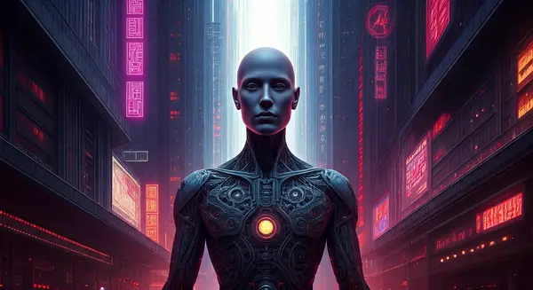 Generate an image in the style of Syd Mead and H.R. Giger, depicting a futuristic cityscape where a humanoid AI robot, designed with a blend of mechanical and organic elements, stands at the forefront, looking towards a bright, adaptive future. Incorporate elements of neon-lit skyscrapers, holographic advertisements, and a blend of natural and synthetic life forms coexisting. The robot should be posed in a contemplative stance, with circuits and neurons visible under transparent skin, symbolizing the fusion of procedural and semantic memory. The overall mood should be optimistic and futuristic.