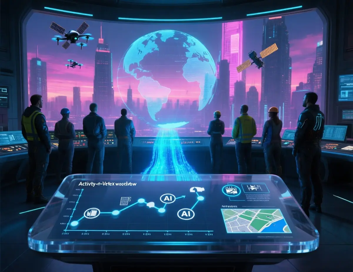 A photorealistic futuristic control room overlooking a holographic globe. In the foreground, a sleek transparent console displays an animated graph of nodes and arrows (Activity-on-Vertex workflow) with icons representing satellite imagery, AI detectors, and map layers. A diverse team of engineers in cyberpunk attire watches as bright blue data streams flow between the nodes. The background shows towering cityscapes under a neon sky, with drones hovering and satellites visible above. High detail, cinematic lighting, ultra‑realistic rendering.
