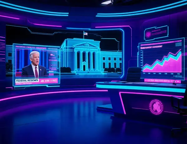 A photorealistic futuristic newsroom with holographic displays showing Federal Reserve speeches, glowing sentiment graphs, and a stylized digital Fed building in the background, neon blue and magenta lighting, cyberpunk aesthetic, high detail