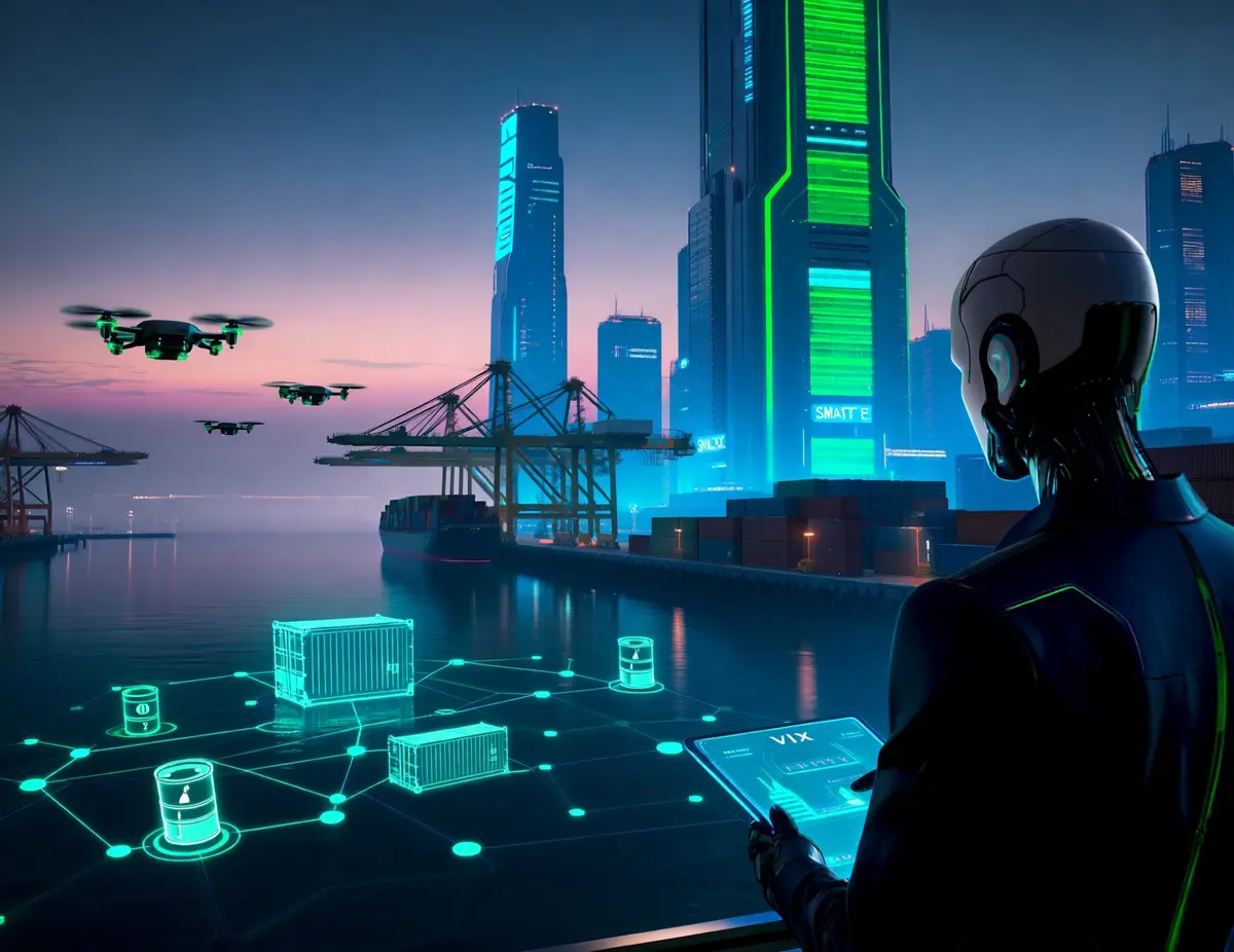 A photorealistic futuristic cityscape at dusk, towering smart ports and data‑center skyscrapers illuminated by neon blue and green lights, autonomous cargo drones buzzing above water, a holographic network diagram of interconnected nodes floating over the scene showing oil barrel icons, shipping containers, and a VIX gauge, with a sleek investor avatar in a cyberpunk suit watching on a transparent tablet; ultra‑high detail, cinematic lighting