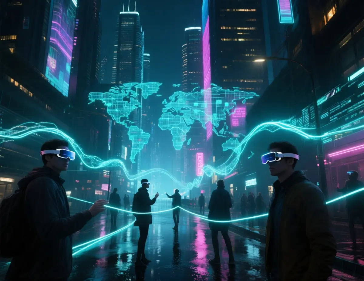 photorealistic cyberpunk cityscape at night with glowing holographic network graphs overlaying skyscrapers, people wearing AR glasses interacting, neon lights reflecting on wet streets, futuristic data streams visualized as light ribbons connecting individuals