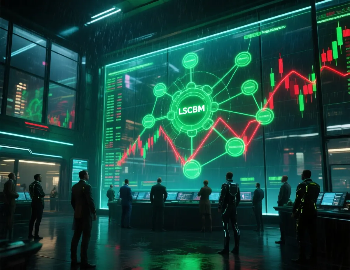 A futuristic, photorealistic cyberpunk trading floor at night, neon lights reflecting off glass walls, massive holographic network graph showing clusters of stocks with glowing green balanced core (LSCBM) and red negative edges, diverse traders in high‑tech attire watching the display, rain streaks on windows, ultra‑detailed, cinematic lighting