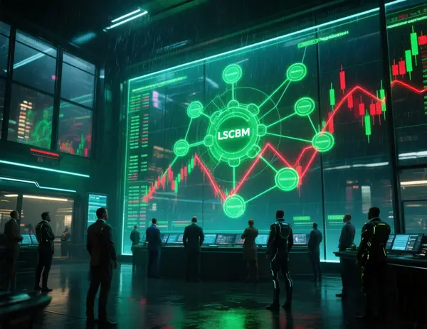 A futuristic, photorealistic cyberpunk trading floor at night, neon lights reflecting off glass walls, massive holographic network graph showing clusters of stocks with glowing green balanced core (LSCBM) and red negative edges, diverse traders in high‑tech attire watching the display, rain streaks on windows, ultra‑detailed, cinematic lighting