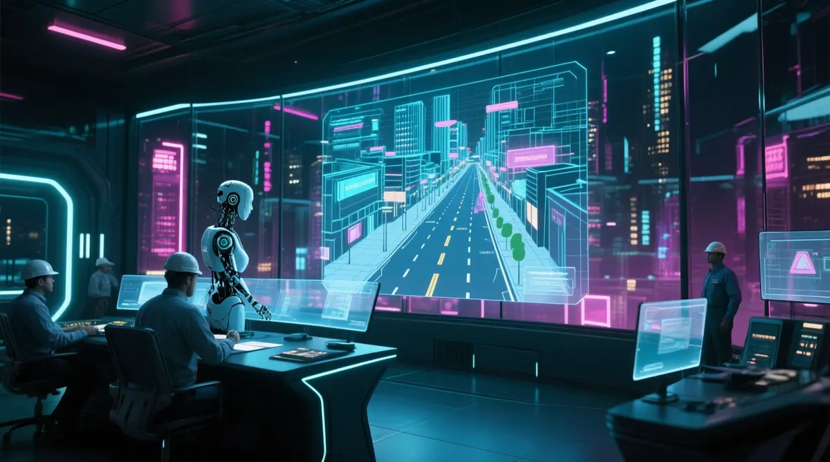 A photorealistic futuristic city control room at night, neon lights reflecting off glass walls, a large holographic 3D map of streets and sidewalks being edited by an AI avatar, engineers watching on sleek transparent screens, cyberpunk aesthetic, ultra‑high detail, cinematic lighting