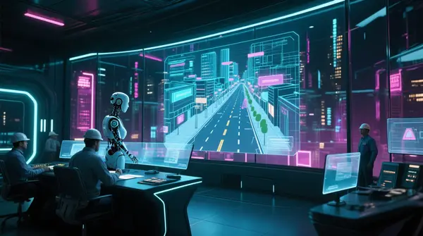 A photorealistic futuristic city control room at night, neon lights reflecting off glass walls, a large holographic 3D map of streets and sidewalks being edited by an AI avatar, engineers watching on sleek transparent screens, cyberpunk aesthetic, ultra‑high detail, cinematic lighting