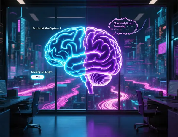 A futuristic cyberpunk office with a holographic AI brain split into two halves: one side glowing neon blue, representing fast intuitive System 1 clicking on bright web buttons; the other side deep violet, showing slow analytical reasoning with floating code and chain-of-thought text. In the background, a massive digital cityscape of interconnected webpages stretches beyond a glass window, with data streams flowing like neon rivers. Photorealistic, high detail, cinematic lighting.